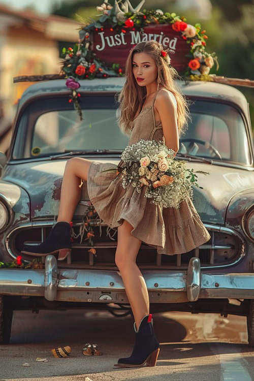 A woman wears short black cowboy boots and a light brown dress