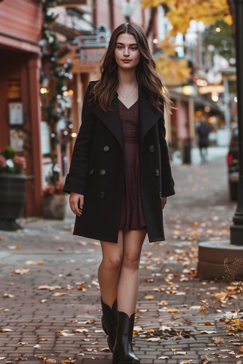 A woman wears short black cowboy boots with a deep red dress and a black long coat