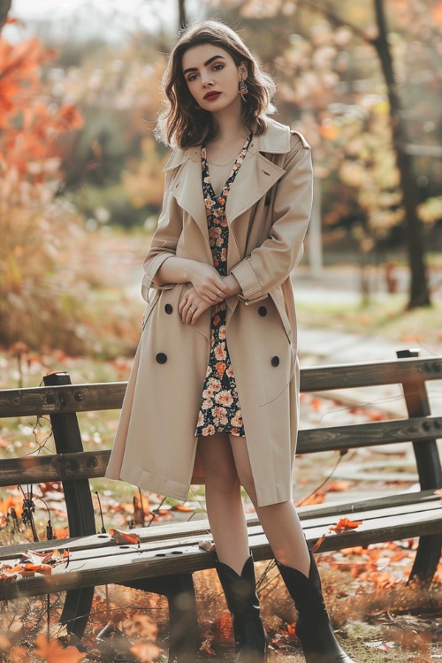 A woman wears short black cowboy boots with a floral dress and a tan trench coat