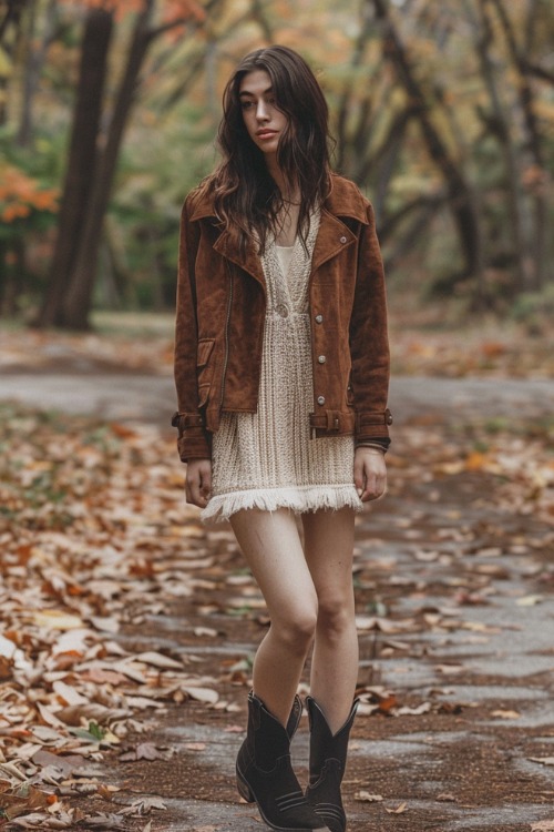 A woman wears short black cowboy boots with a knit dress and a suede coat