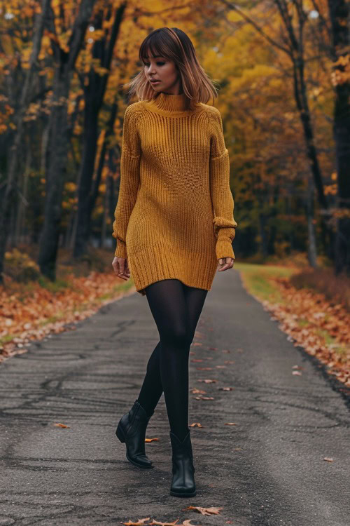 A woman wears short black cowboy boots with a mustard sweater dress and tights