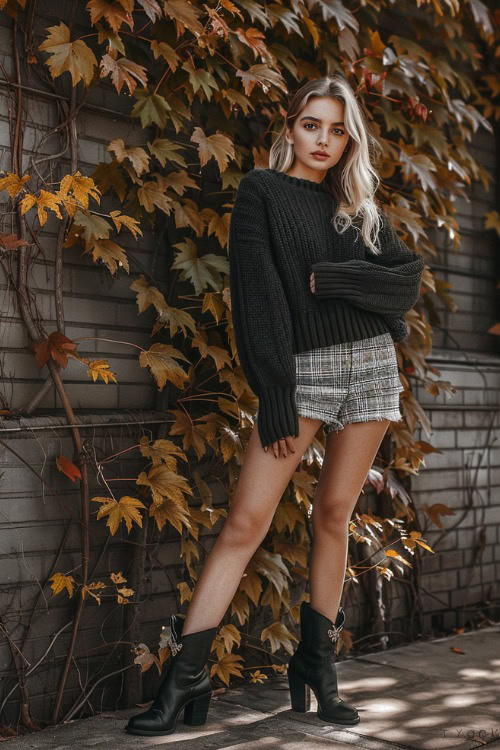 A woman wears short black cowboy boots with a plaid shorts and a black sweater