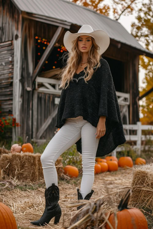 A woman wears short black cowboy boots with skinny jeans and a chunky sweater