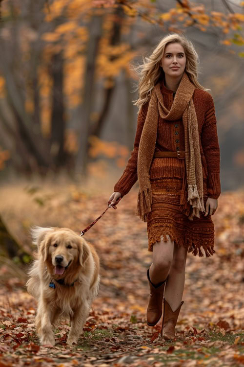 A woman wears short brown cowboy boots with a sweater dress with a scarf