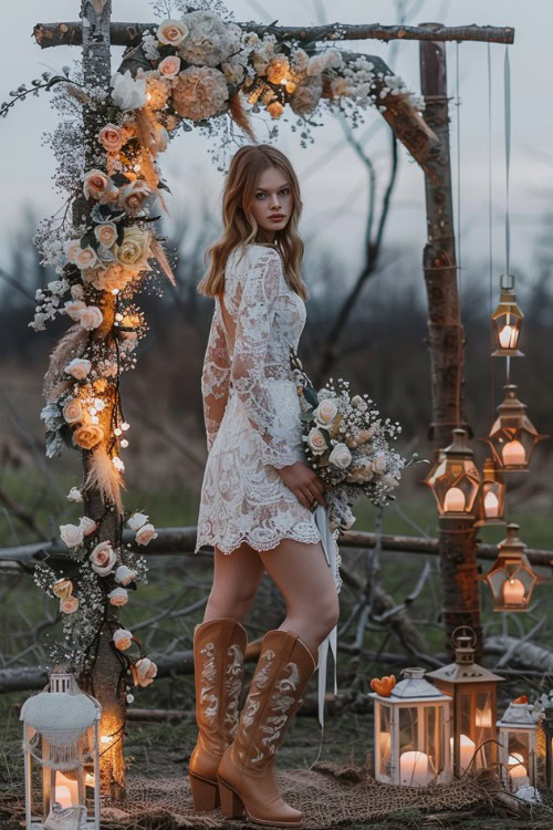 A woman wears short lace Bridesmaids Dresses with tall brown Cowboy Boots