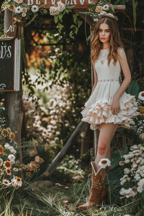 A woman wears short lace ruffle Bridesmaids Dresses with tall brown Cowboy Boots