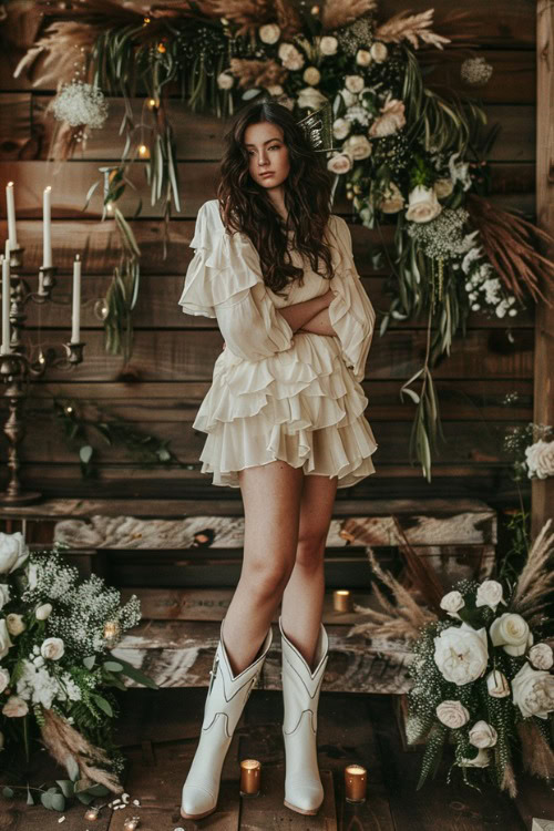 A woman wears short ruffle Bridesmaids Dresses with tall white Cowboy Boots