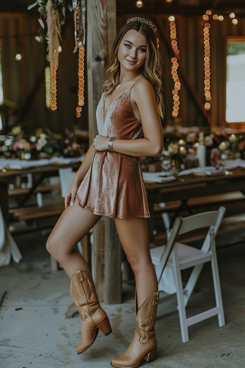 A woman wears short velvet Bridesmaids Dresses with brown Cowboy Boots