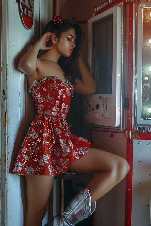 A woman wears silver cowboy boots with a red mini dress