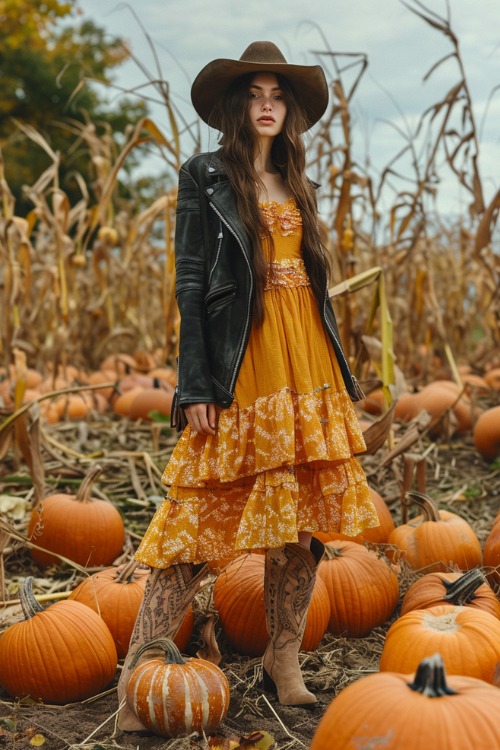 A woman wears suede cowboy boots with a layered dress and a black leather coat