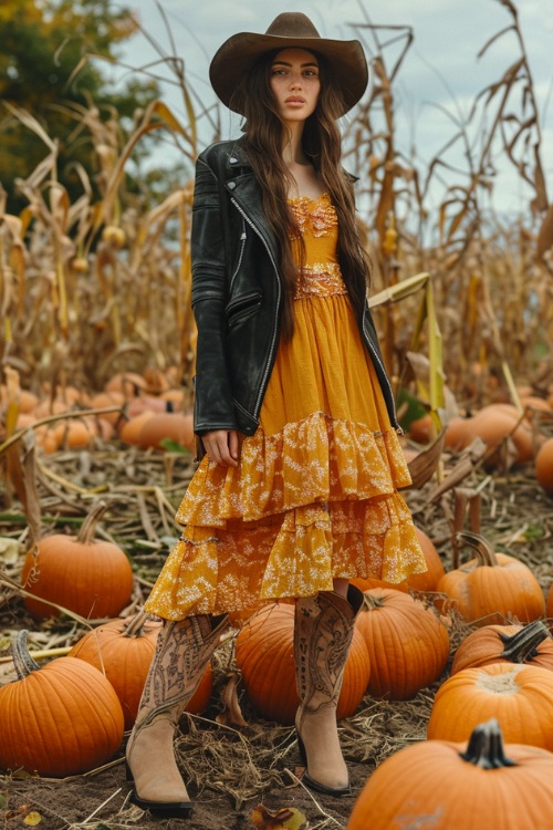 A woman wears suede cowboy boots with a layered dress with a black leather coat