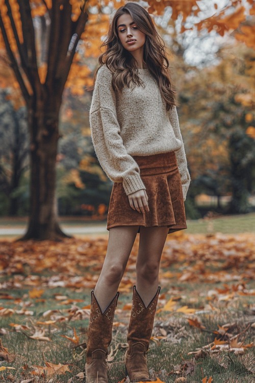 A woman wears suede cowboy boots with a suede skirt and a sweater