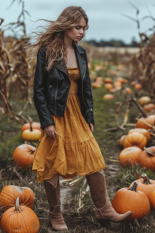 A woman wears suede cowboy boots with a yellow tiered dress and a black leather coat