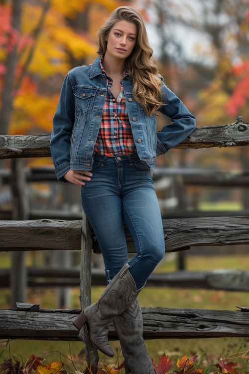 A woman wears suede cowboy boots with jeans, flannel shirt and a denim jacket