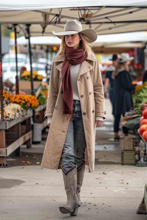 A woman wears suede cowboy boots with jeans, trench coat, sweater and a long red scarf