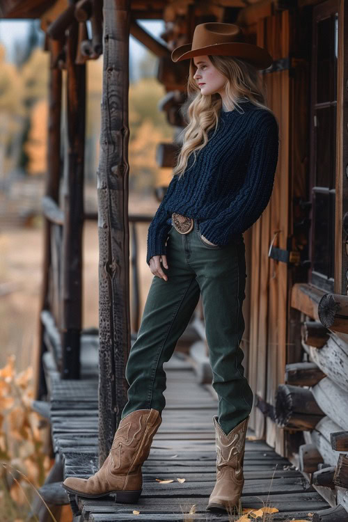 A woman wears suede cowboy boots with olive jeans, a blue sweater and a cowboy hat