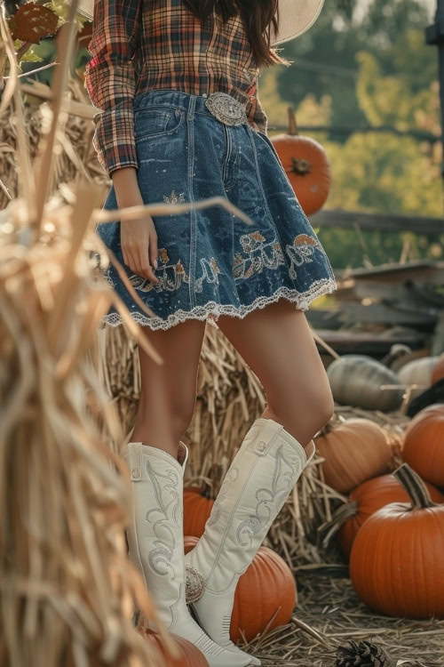 A woman wears white cowboy boots, a denim skirt and a plaid shirt