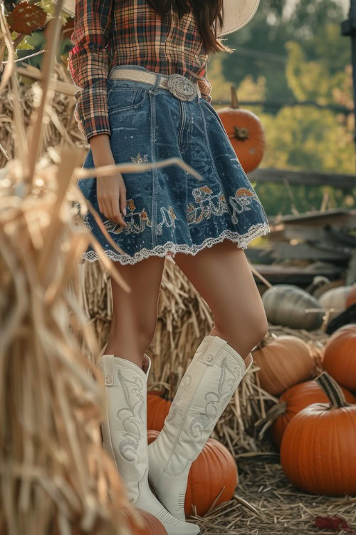 A woman wears white cowboy boots, a denim skirt with a plaid shirt