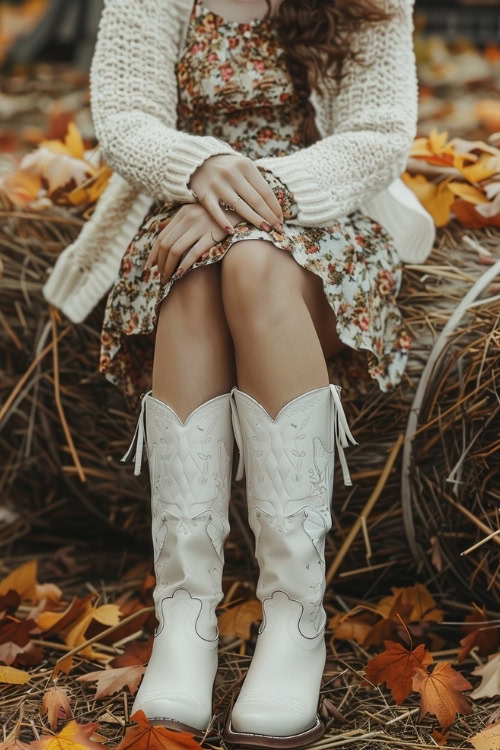 A woman wears white cowboy boots with a floral dress and a cardigan