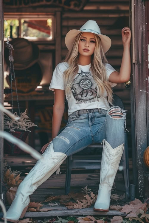 A woman wears white cowboy boots with a graphic tee and ripped jeans