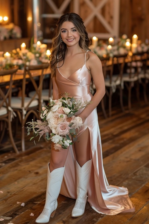 A woman wears white cowboy boots with a pink satin dress