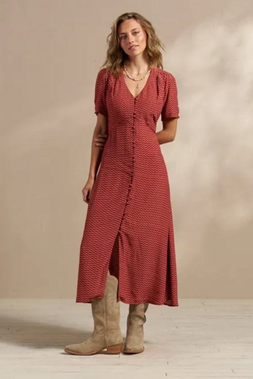 WOMEN'S SHORT SLEEVE BUTTON FRONT MIDI DRESS