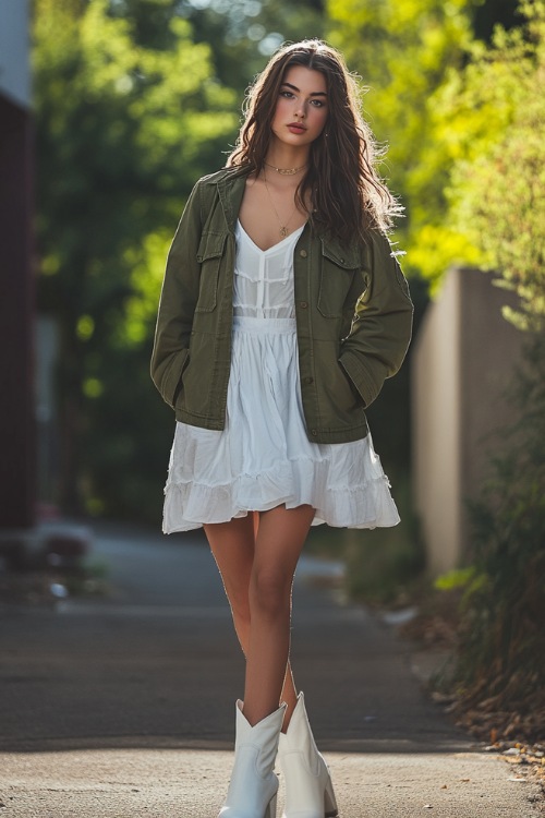 Women pairing a white dress with a flowy silhouette with white cowboy boots. Layer an olive green jacket over the dress for a touch of rugged elegance