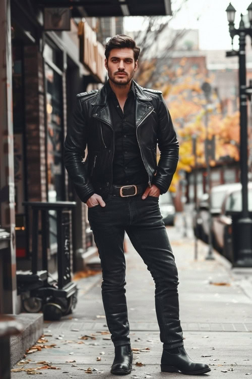 a man wears a black shirt, black leather jacket, black pants with cowboy boots