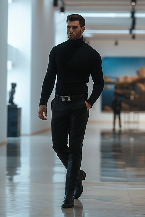 a man wears a black turtleneck with black trousers and cowboy boots, striding through a modern interior