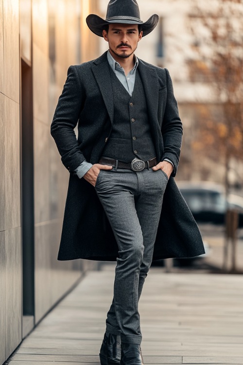 a man wears a cowboy hat, a long coat, a shirt, vest and jeans with black cowboy boots