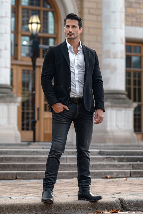 a man wears a dark blazer, white shirt and jeans with black cowboy boots