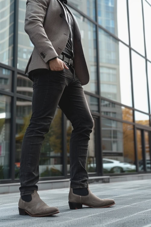 a man wears a grey blazer, a black shirt, black pants and grey cowboy boots