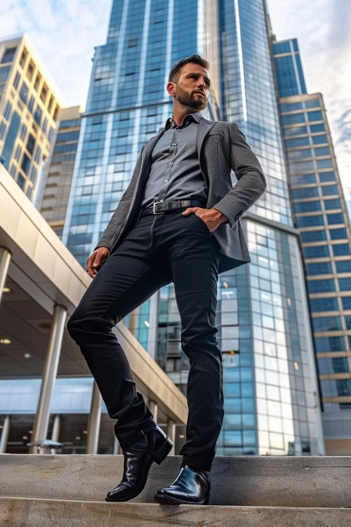 a man wears a grey blazer, grey shirt, and dark pants with black cowboy boots