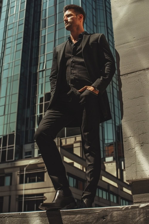 a man wears a sleek black coat over a black shirt and black pants, and black cowboy boots