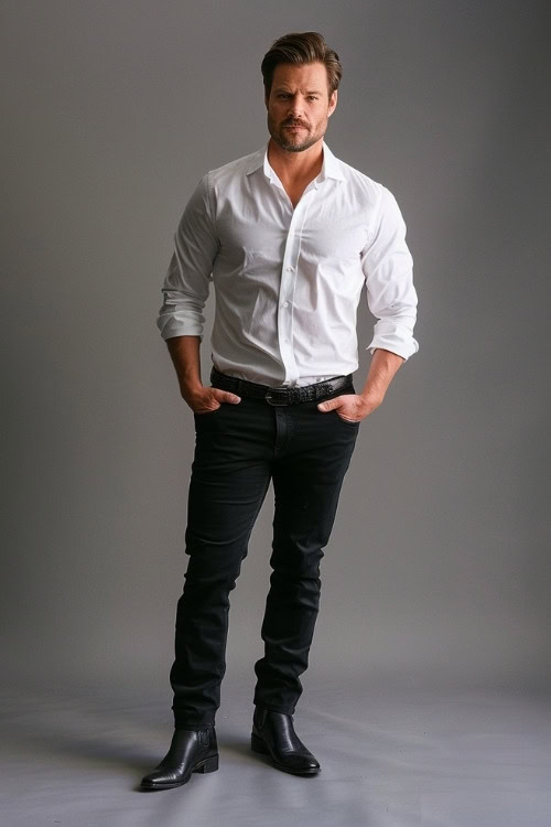 a man wears a white shirt and black pants with black cowboy boots