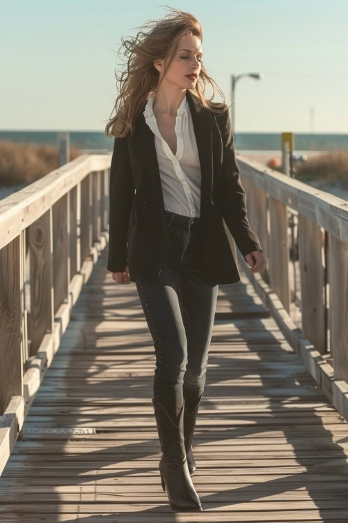 a woman wears a black blazer, white shirt, jeans and cowboy boots