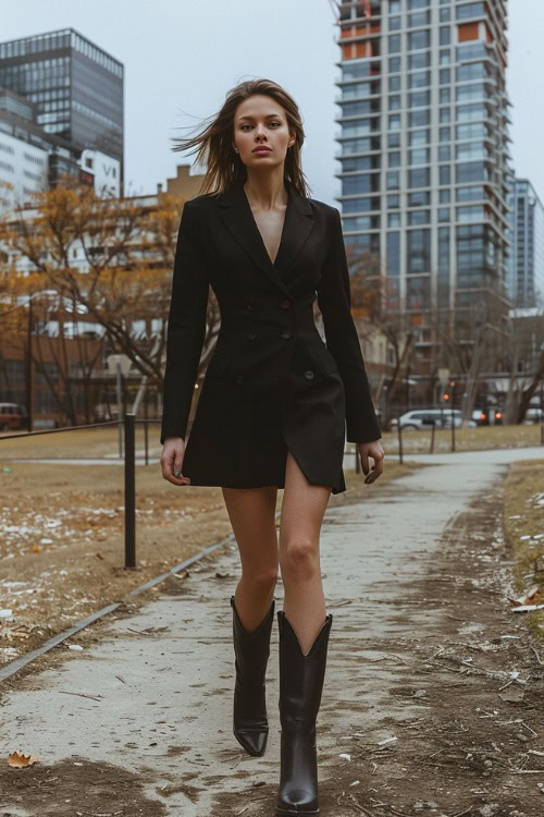 a woman wears a black double-breasted blazer dress with black cowboy boots