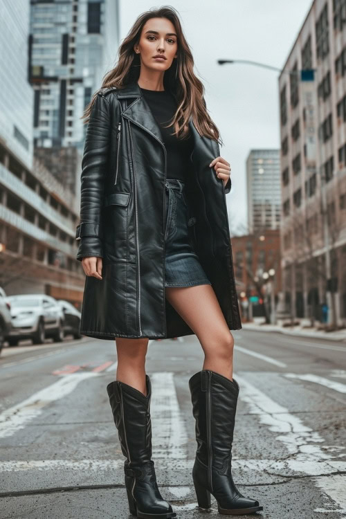 a woman wears a black leather coat, a black shirt and a black skirt and black cowboy boots