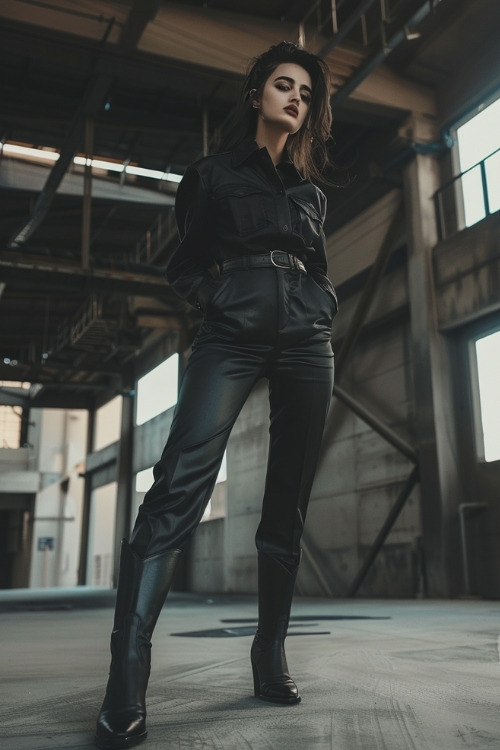 a woman wears a black shirt, black pants and black cowboy boots