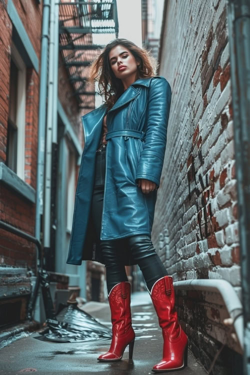 a woman wears a blue leather long coat, jeans and red cowboy boots