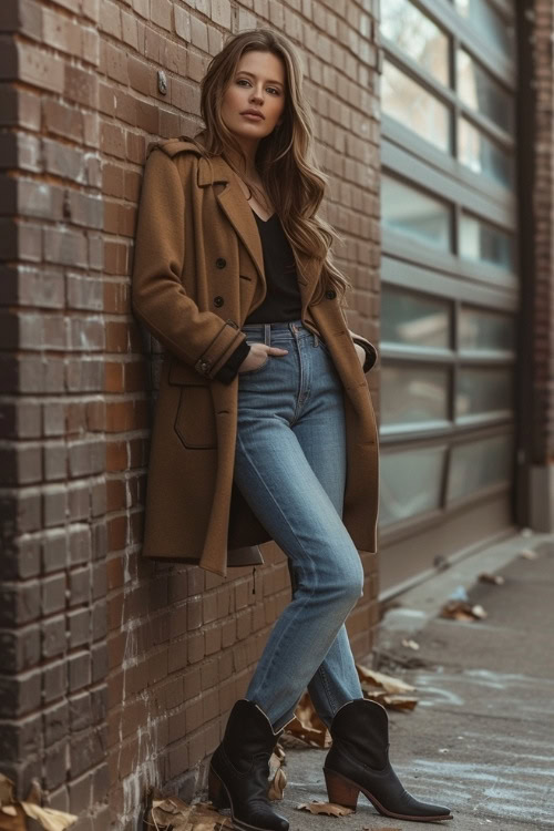 a woman wears a brown long coat, black shirt, blue jeans, and black ankle cowboy boots