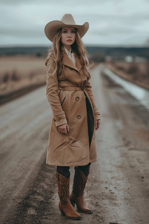 a woman wears a brown trench coat, black pants, a cowboy hat and brown cowboy boots