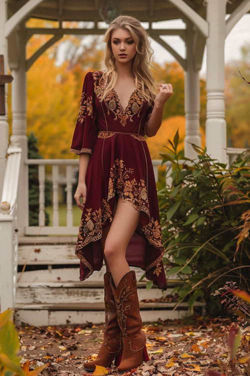 a woman wears a burgundy dress with brown cowboy boots