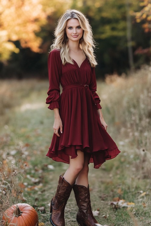 a woman wears a burgundy fall wedding guest dress and cowboy boots