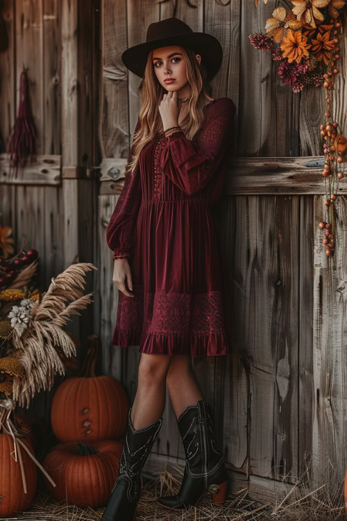 a woman wears a burgundy short dress, black cowboy hat and black cowboy boots