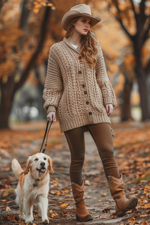 a woman wears a cardigan, brown pants with brown cowboy boots