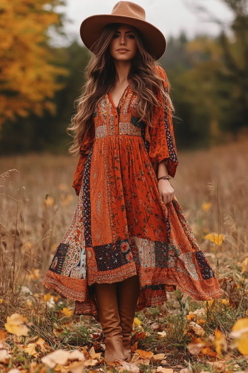 a woman wears a country wedding guest dress with cowboy boots