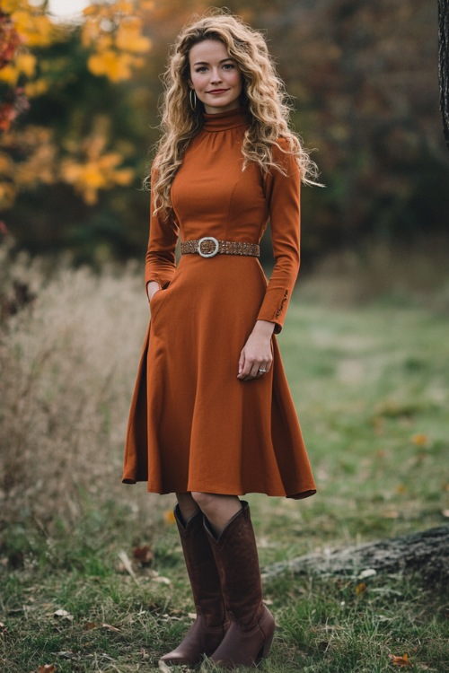 a woman wears a dark orange wedding guest dress with brown cowboy boots