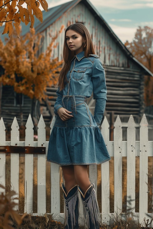 a woman wears a denim dress and brown fringe cowboy boots (2)