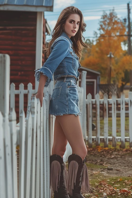 a woman wears a denim dress and brown fringe cowboy boots